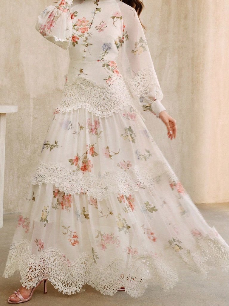 Apricot Elegant Women's Floral Print Lace Trim Long Sleeve Flared Hem Dress